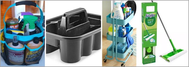 Cleaning supplies in tote or carrier
