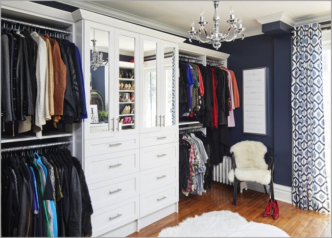 Functional custom closet with walk-in sections, shelves and drawers