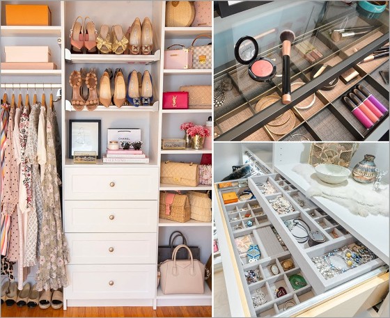 Teenage closet organized with clothes, shoe and jewelry racks