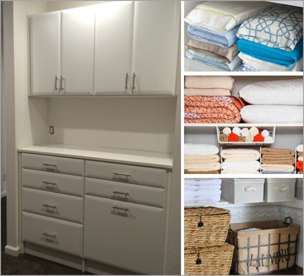 Linen storage closet with cabinets and shelves
