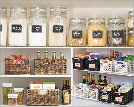 Organized home pantry with containers and labels