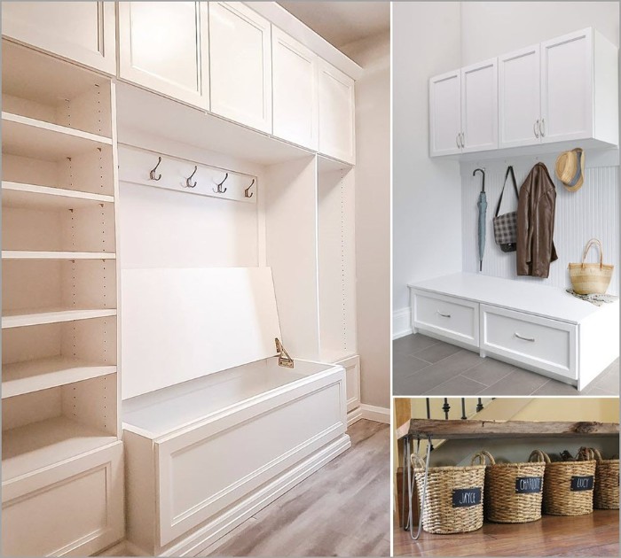 Entryway storage seating with hooks and shelves