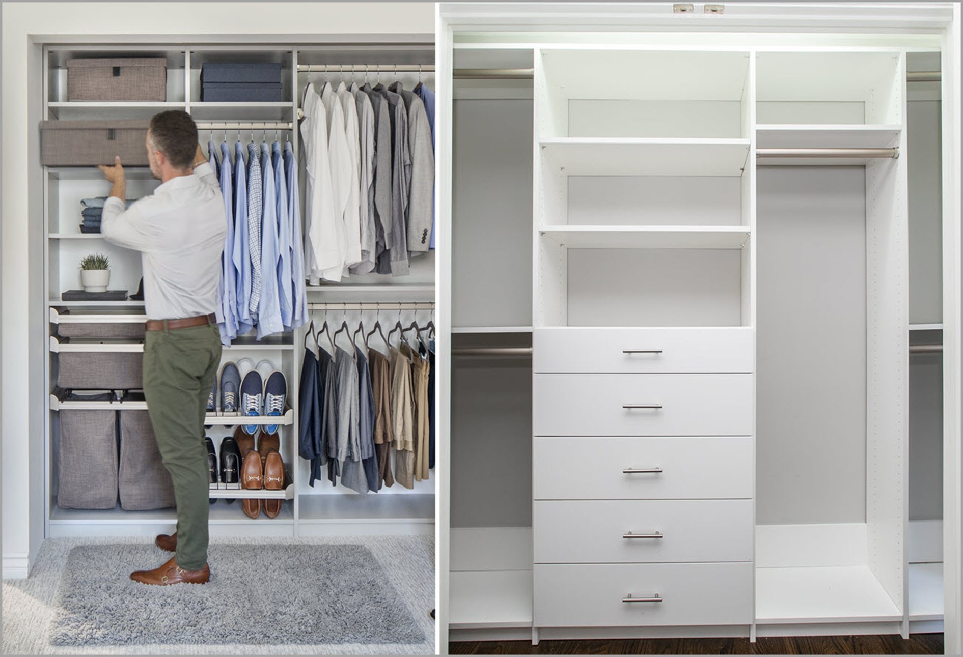 Custom tailored living closet with hanging rods and drawers