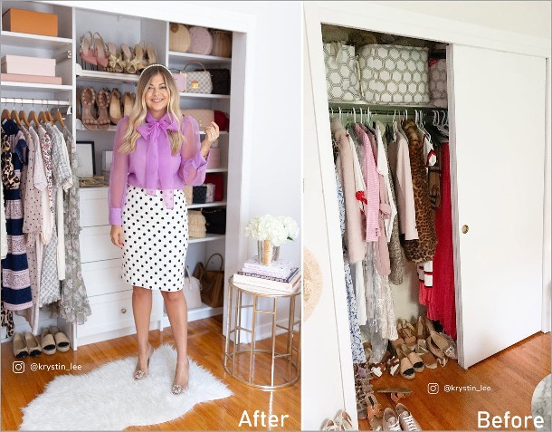 Krystin Lee showcasing her custom closet storage before and after