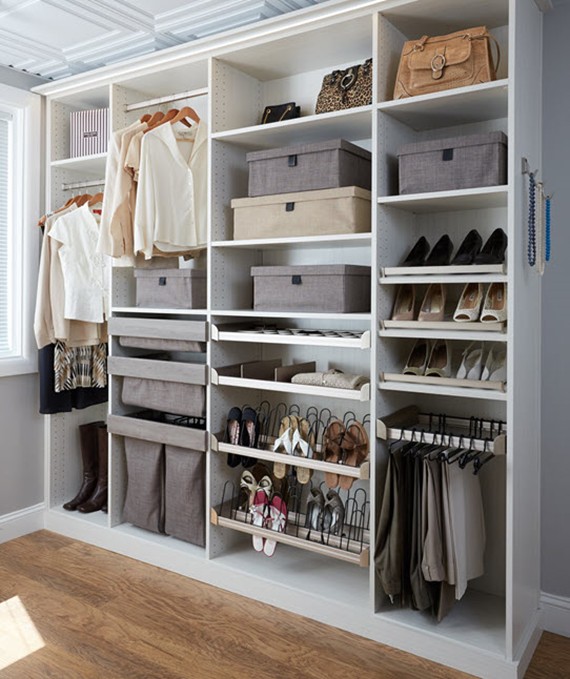 Custom tailored living shoe racks and storage in a reach-in closet