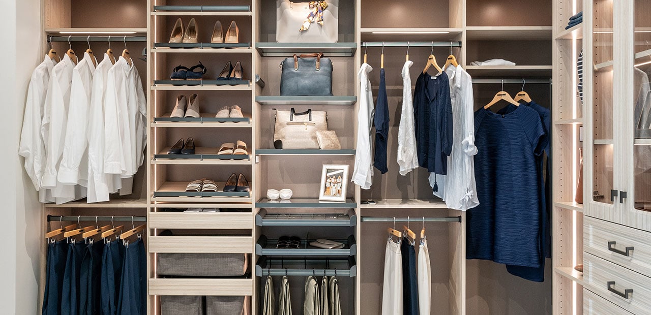 Tailored closet with shelves and hooks